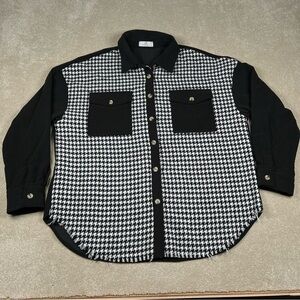 Houndstooth Ribbed Black Corduroy Patch Pocket Raw Hem Button Up Shirt womens XL